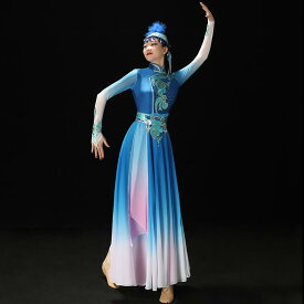大人 女性用 モンゴル ダンス パフォーマンス 服 ローブ 練習服 ワイン カップ 大振り スカート ブルー 艶やか 華やか 魅力的 ドレス