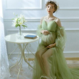 マタニティ フォト 衣装 おしゃれ 記念 シンプル かわいい 写真 スタジオ 妊婦 さわやか ドレス アート フリーサイズ グリーン