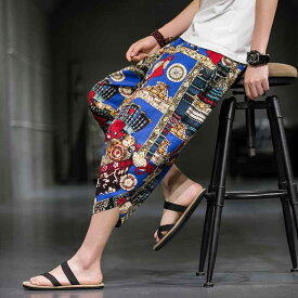 メンズ 中国風 ファッション チャイナ風 夏 リネン クロップドパンツ レトロ 大きいサイズ ワイドレッグパンツ キャロット カジュアルショーツ