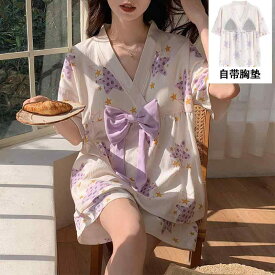 レディース パジャマ ナイトウェア 女性用 春夏 半袖 胸パッド 綿 スター 和装 スーツ サウナ 蒸し ホームウェア