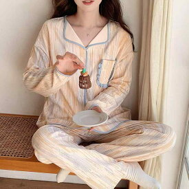 レディース パジャマ ナイトウェア 春秋 女性用 長袖 ストライプ レトロ 綿 プルオーバー 薄手 スーツ 胸パッド付き ホームウェア