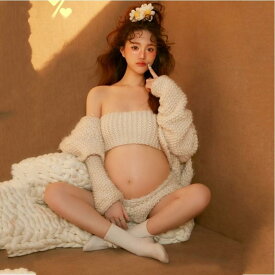 マタニティ フォト 衣装 おしゃれ 記念 写真 スタジオ 妊娠 ニット ウール 美しい かわいい 撮影 フリーサイズ カジュアル セット シンプル