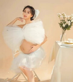 妊婦 フォト 衣装 マタニティ おしゃれ ファッション 写真 ガーゼ ドレス フェアリー かわいい 魅惑的 ママ アート 撮影 フリーサイズ ホワイト セット