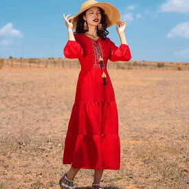 ドレス ワンピース レディース おしゃれ ファッション エスニック タイ 旅行 写真 ランタンスリーブ 海辺 休暇 ビーチ 刺繍 ロング Vネック 赤 白