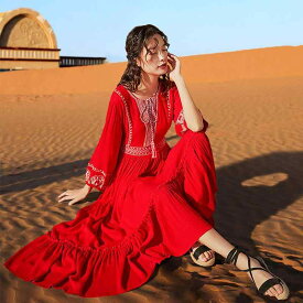 ドレス ワンピース レディース おしゃれ ファッション エスニック砂漠 旅行 赤 刺繍 ロング スカート チャカ ビーチ 女性 スリム 夏 ラウンドネック
