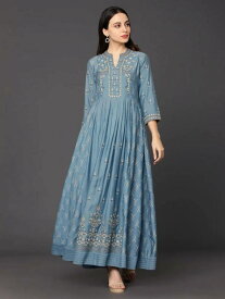 インド 衣類 エスニック レディース ハイウエスト ドレス シャンデリ シルク 刺繍 小さい Vネック ワンピース