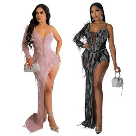 レディース ファッション 南米 アフリカ 民族 ドレス パーティー 女性用 スパンコール メッシュ ウェディング セクシー ノースリーブ