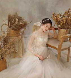 フォト 衣装 マタニティ おしゃれ 記念 思い出 妊婦 写真 スタジオ 美しい さわやか 家 撮影 フリーサイズ ワンピース ドレス 刺繍 シースルー フォト アート