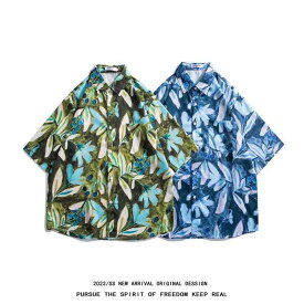 アメリカ レトロ 油絵 オール オーバー プリント 半袖 シャツ メンズ ファッション ストリート サイズ カジュアル 植物 花柄 シャツ ジャケット ゆったり