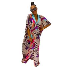 レディース エスニック ファッション ゆったり 民族衣装 デジタル プリント アフリカ 大きいサイズ バット スリーブ ローブ スーツ 襟 カラー ブロック 婦人服