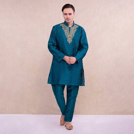インド 伝統的 エスニック シルクコットン 通気性 民族 衣類 ミドル丈 薄手 長袖 刺繍 ファション メンズスーツ 5 色 春