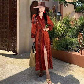 リゾート ワンピ サマー レディース ファッション ワンピース シフォン 通勤 エスニック Vネック ロング スカート ドレス