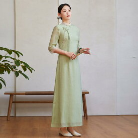 チャイナ風 チャイナドレス レディース 婦人服 普段使い 夏 レトロ エスニック 禅茶 グリーン ロング丈