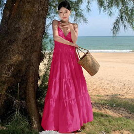 リゾート ワンピース レディース ハワイ 沖縄 休日 海辺 写真撮影 サマー シフォン Vネック ハイウエスト プルオーバー フリル ロング スカート ドレス