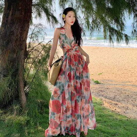 リゾート ワンピース レディース ハワイ 沖縄 休日 海辺 写真撮影 サマー シフォン Vネック ハイウエスト プルオーバー ロング スカート ドレス