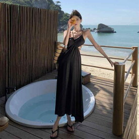 リゾート ワンピース レディース ハワイ 沖縄 休日 海辺 写真撮影 サマー シフォン ワンワードカラー プルオーバー ロング スカート ドレス
