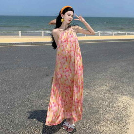 リゾート ワンピース レディース ハワイ 沖縄 休日 海辺 写真撮影 サマー ラウンドネック ウエストゴム プルオーバー ロング スカート ドレス