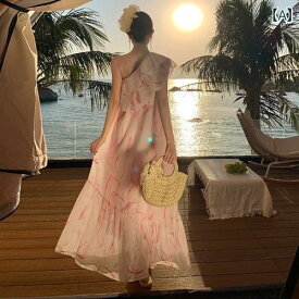 リゾート ワンピース レディース ハワイ 沖縄 休日 海辺 写真撮影 サマー シフォン ゆったりウエスト プルオーバー エレガント ロング スカート ドレス