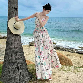 リゾート ワンピース レディース ハワイ 沖縄 休日 海辺 写真撮影 サマー シフォン Vネック ハイウエスト プルオーバー ノースリーブ ロング スカート ドレス