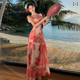 リゾート ワンピース レディース ハワイ 沖縄 休日 海辺 写真撮影 サマー シフォン ワンワードカラー プルオーバー フリル ロング スカート ドレス