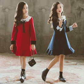 女の子 ワンピース キッズ ファッション 子供服 おしゃれ かわいい 長袖 ドレス 春秋 韓国 フリル 赤 スカート 黒 コットン シンプル