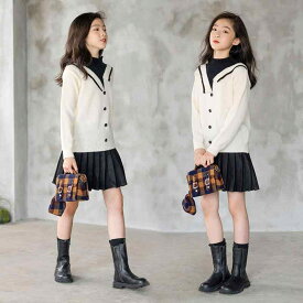 女の子 キッズ ファッション おしゃれ かわいい セーター 春秋 韓国 子供服 厚手 フェイクツーピース カレッジ スカート ニット アクリル プルオーバー