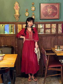 レディース エスニック 赤 刺繍入り チベット 女性用 ロング ドレス 休暇 写真 フェアリー ドレス