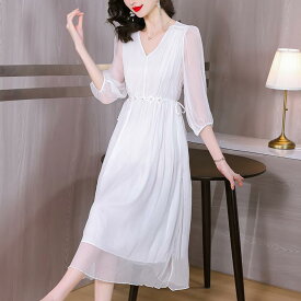 レディース 婦人服 白い ドレス ハイエンド 夏 的 大きいサイズ 七分袖 桑 絹 シフォン ミモレ丈 ファッション 体型カバー ワンピース