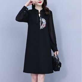 レディース 婦人服 チャイナ風 ライト ドレス 春 大きいサイズ 黒 刺繍 スリム aラカート ゆったり ミモレ丈 ファッション