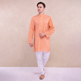 インド 伝統的 メンズ ファッション エスニック 綿 通気性 民族 服 ライト オレンジ ミドル丈 薄手 ゆったり 長袖 コットン トップス