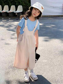女の子 スーツ 夏 韓国 子供 キッズ ファッション ストレート ワイド レッグ サスペンダー パンツ 半袖 Tシャツ 2ピース セット 薄手 アプリコット オーバーオール