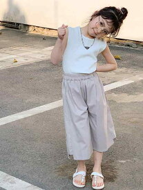 女の子 スーツ 夏 洋風 子供用 キッズ ファッション ベスト Tシャツ ワイド レッグ パンツ 2点 セット 綿 韓国 プルオーバー アプリコット ノースリーブ 薄手