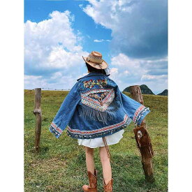 レディース ファッション ジャケット ジャンパー トップス デニム 刺繍 エスニック 女性 タッセル 重厚 コート 秋
