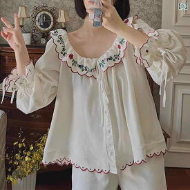 女性 フラワー 刺繍 ベルベット ホームウェア セット レディース 冬 かわいい ガーリー プリンセス パジャマ