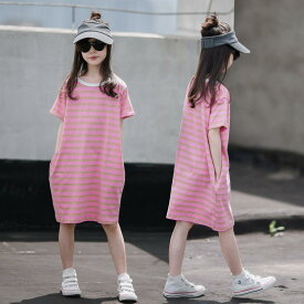 女の子 韓国 ファッション Aラインスカート 夏 半袖 コットン 綿 キッズ 子供用 女児 ガールズ ストライプ
