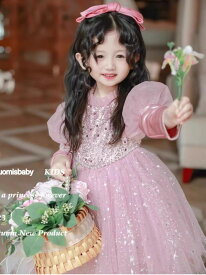 子供服 キッズ 女の子 プリンセス ファッション 春秋 ピンク ドレス レース ふわふわ かわいい キュート ロング スカート 韓国