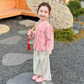 キッズ 子供服 女の子 ファッション おしゃれ チャイナ風 韓服 コスプレ 民族衣装 セット 春 赤ちゃん用品 ドレス ボタン ピンク 長袖 パンツ かわいい ガールズ