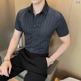 メンズ トップス 男性 ファッション 春夏 ビジネス カジュアル ストライプ シャツ 韓国 スリムフィット ノーアイロン