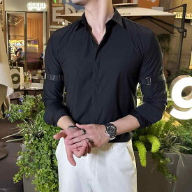 シャツ メンズ ビジネス おしゃれ 長袖 白 リボン 装飾 秋 スリムフィット ハイエンド カジュアルウェア 大きいサイズ シンプル スタイリッシュ 男性