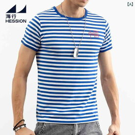 Tシャツ メンズ 男性 アウトドア ファッション 夏 半袖 ラウンドネック トップス 大きいサイズ ストライプ コットン ウール 薄手 スリムフィット