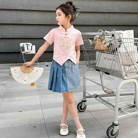 キッズ ファッション ツーピース トップス シャツ ショート スカート デニム セット チャイナ風 女の子 スリム 半袖 夏 子供