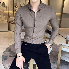 メンズ シャツ 長袖 スリム 韓国 英国風 高級感 ビジカジ シャツ アイロン 不要 高級感 スリムフィット ファッション