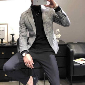 メンズ チェック 柄 小さい スーツ スリム 韓国 ビジネス カジュアル スーツ シングル スーツ ジャケット オールシーズン 長袖 スリムフィット