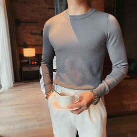 メンズ ラウンドネック セーター ソリッドカラー スリムフィット 韓国 ビジネス フォーマル カジュアル ニット セーター シャツ ラウンドネック ファッション