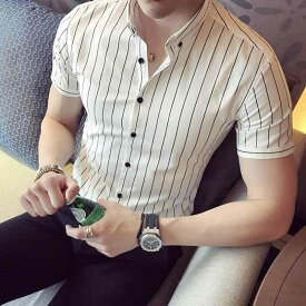 メンズ 夏 半袖 シャツ ノー アイロン スリムフィット 韓国 薄手 ビジネス カジュアル 男性用 縦縞 ストライプ スリムフィット ファッション