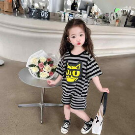 女の子 韓国 トップス パンツ 服 子供用 キッズ 女児 プルオーバー 夏 サマー 薄手 猫 セット 半袖