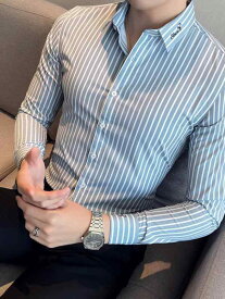 メンズ ノー アイロン しわ 防止 ストライプシャツ 男性用 刺繍 長袖 ビジネス カジュアル フォーマルウェア ハイエンド スリム シャツ オールシーズン スリムフィット ファッション スタイリッシュ