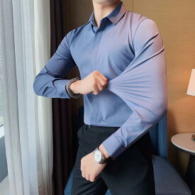 メンズ 高伸縮性 無地 シャツ 長袖 スリムフィット アイロン 不要 シワ なりにくい ビジネス フォーマルウェア 韓国 カジュアル ファッション 隠し ボタン シャツ ポインテッドカラー スタイリッシュ