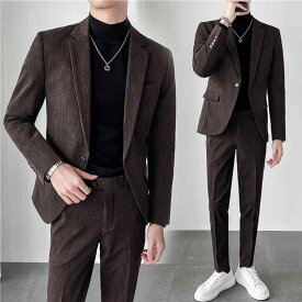 メンズ 高級感 カジュアル スーツ スーツ ストライプ 韓国 スリム 英国風 新郎 ウェディングドレス ウール ビジネス 秋 スリムフィット ファッション スタイリッシュ