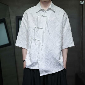 カンフー着 メンズ トップス かっこいい レトロ 文学 チャイナ風 ジャカード 半袖 シャツ 夏 茶 禅 唐 ゆったり 装飾ボタン